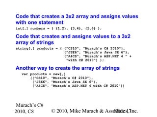 Murach’s C#
2010, C8 © 2010, Mike Murach & Associates, Inc.Slide 17
Code that creates a 3x2 array and assigns values
with one statement
int[,] numbers = { {1,2}, {3,4}, {5,6} };
Code that creates and assigns values to a 3x2
array of strings
string[,] products = { {"CS10", "Murach's C# 2010"},
{"JSE6", "Murach's Java SE 6"},
{"A4CS", "Murach's ASP.NET 4 " +
"with C# 2010"} };
Another way to create the array of strings
var products = new[,]
{{"CS10", "Murach's C# 2010"},
{"JSE6", "Murach's Java SE 6"},
{"A4CS", "Murach's ASP.NET 4 with C# 2010"}}
 