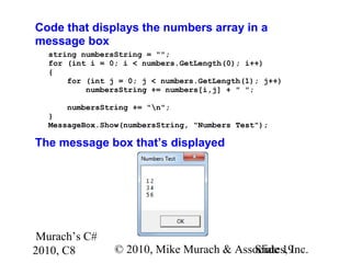 Murach’s C#
2010, C8 © 2010, Mike Murach & Associates, Inc.Slide 19
Code that displays the numbers array in a
message box
string numbersString = "";
for (int i = 0; i < numbers.GetLength(0); i++)
{
for (int j = 0; j < numbers.GetLength(1); j++)
numbersString += numbers[i,j] + " ";
numbersString += "n";
}
MessageBox.Show(numbersString, "Numbers Test");
The message box that’s displayed
 