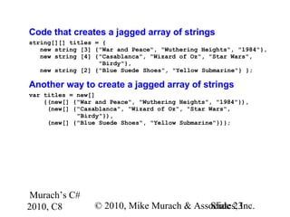 Murach’s C#
2010, C8 © 2010, Mike Murach & Associates, Inc.Slide 23
Code that creates a jagged array of strings
string[][] titles = {
new string [3] {"War and Peace", "Wuthering Heights", "1984"},
new string [4] {"Casablanca", "Wizard of Oz", "Star Wars",
"Birdy"},
new string [2] {"Blue Suede Shoes", "Yellow Submarine"} };
Another way to create a jagged array of strings
var titles = new[]
{(new[] {"War and Peace", "Wuthering Heights", "1984"}),
(new[] {"Casablanca", "Wizard of Oz", "Star Wars",
"Birdy"}),
(new[] {"Blue Suede Shoes", "Yellow Submarine"})};
 