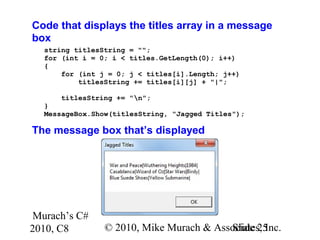 Murach’s C#
2010, C8 © 2010, Mike Murach & Associates, Inc.Slide 25
Code that displays the titles array in a message
box
string titlesString = "";
for (int i = 0; i < titles.GetLength(0); i++)
{
for (int j = 0; j < titles[i].Length; j++)
titlesString += titles[i][j] + "|";
titlesString += "n";
}
MessageBox.Show(titlesString, "Jagged Titles");
The message box that’s displayed
 