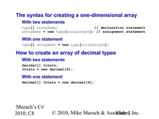 Murach’s C#
2010, C8 © 2010, Mike Murach & Associates, Inc.Slide 3
The syntax for creating a one-dimensional array
With two statements
type[] arrayName; // declaration statement
arrayName = new type[arrayLength]; // assignment statement
With one statement
type[] arrayName = new type[arrayLength];
How to create an array of decimal types
With two statements
decimal[] totals;
totals = new decimal[4];
With one statement
decimal[] totals = new decimal[4];
 
