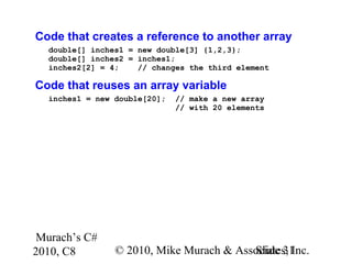 Murach’s C#
2010, C8 © 2010, Mike Murach & Associates, Inc.Slide 31
Code that creates a reference to another array
double[] inches1 = new double[3] {1,2,3};
double[] inches2 = inches1;
inches2[2] = 4; // changes the third element
Code that reuses an array variable
inches1 = new double[20]; // make a new array
// with 20 elements
 