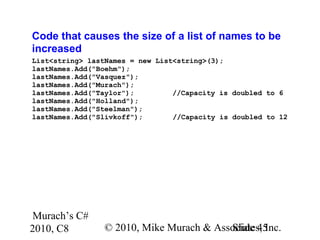 Murach’s C#
2010, C8 © 2010, Mike Murach & Associates, Inc.Slide 45
Code that causes the size of a list of names to be
increased
List<string> lastNames = new List<string>(3);
lastNames.Add("Boehm");
lastNames.Add("Vasquez");
lastNames.Add("Murach");
lastNames.Add("Taylor"); //Capacity is doubled to 6
lastNames.Add("Holland");
lastNames.Add("Steelman");
lastNames.Add("Slivkoff"); //Capacity is doubled to 12
 