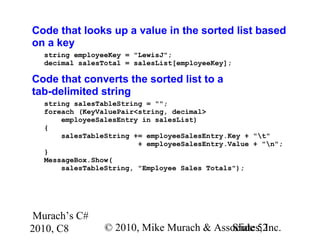 Murach’s C#
2010, C8 © 2010, Mike Murach & Associates, Inc.Slide 52
Code that looks up a value in the sorted list based
on a key
string employeeKey = "LewisJ";
decimal salesTotal = salesList[employeeKey];
Code that converts the sorted list to a
tab-delimited string
string salesTableString = "";
foreach (KeyValuePair<string, decimal>
employeeSalesEntry in salesList)
{
salesTableString += employeeSalesEntry.Key + "t"
+ employeeSalesEntry.Value + "n";
}
MessageBox.Show(
salesTableString, "Employee Sales Totals");
 