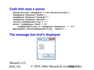Murach’s C#
2010, C8 © 2010, Mike Murach & Associates, Inc.Slide 54
The message box that's displayed
Code that uses a queue
Queue<string> nameQueue = new Queue<string>();
nameQueue.Enqueue("Boehm");
nameQueue.Enqueue("Vasquez");
nameQueue.Enqueue("Murach");
string nameQueueString = "";
while (nameQueue.Count > 0)
nameQueueString += nameQueue.Dequeue() + "n";
MessageBox.Show(nameQueueString, "Queue");
 