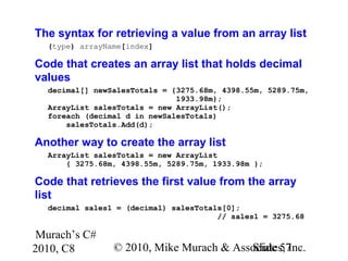 Murach’s C#
2010, C8 © 2010, Mike Murach & Associates, Inc.Slide 57
The syntax for retrieving a value from an array list
(type) arrayName[index]
Code that creates an array list that holds decimal
values
decimal[] newSalesTotals = {3275.68m, 4398.55m, 5289.75m,
1933.98m};
ArrayList salesTotals = new ArrayList();
foreach (decimal d in newSalesTotals)
salesTotals.Add(d);
Another way to create the array list
ArrayList salesTotals = new ArrayList
{ 3275.68m, 4398.55m, 5289.75m, 1933.98m };
Code that retrieves the first value from the array
list
decimal sales1 = (decimal) salesTotals[0];
// sales1 = 3275.68
 