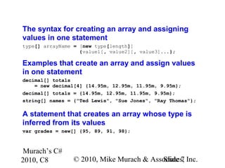 Murach’s C#
2010, C8 © 2010, Mike Murach & Associates, Inc.Slide 7
The syntax for creating an array and assigning
values in one statement
type[] arrayName = [new type[length]]
{value1[, value2][, value3]...};
Examples that create an array and assign values
in one statement
decimal[] totals
= new decimal[4] {14.95m, 12.95m, 11.95m, 9.95m};
decimal[] totals = {14.95m, 12.95m, 11.95m, 9.95m};
string[] names = {"Ted Lewis", "Sue Jones", "Ray Thomas"};
A statement that creates an array whose type is
inferred from its values
var grades = new[] {95, 89, 91, 98};
 