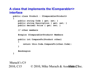 Murach’s C#
2010, C15 © 2010, Mike Murach & Associates, Inc.Slide 27
A class that implements the IComparable<>
interface
public class Product : IComparable<Product>
{
public string Code { get; set; }
public string Description { get; set; }
public decimal Price { get; set; }
// other members
#region IComparable<Product> Members
public int CompareTo(Product other)
{
return this.Code.CompareTo(other.Code);
}
#endregion
}
 