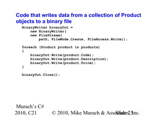 Murach’s C#
2010, C21 © 2010, Mike Murach & Associates, Inc.Slide 23
Code that writes data from a collection of Product
objects to a binary file
BinaryWriter binaryOut =
new BinaryWriter(
new FileStream(
path, FileMode.Create, FileAccess.Write));
foreach (Product product in products)
{
binaryOut.Write(product.Code);
binaryOut.Write(product.Description);
binaryOut.Write(product.Price);
}
binaryOut.Close();
 