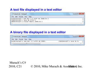 Murach’s C#
2010, C21 © 2010, Mike Murach & Associates, Inc.Slide 6
A text file displayed in a text editor
A binary file displayed in a text editor
 