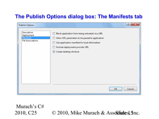 Murach’s C#
2010, C25 © 2010, Mike Murach & Associates, Inc.Slide 15
The Publish Options dialog box: The Manifests tab
 