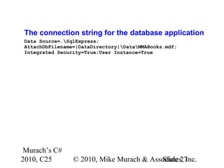 Murach’s C#
2010, C25 © 2010, Mike Murach & Associates, Inc.Slide 27
The connection string for the database application
Data Source=.SqlExpress;
AttachDbFilename=|DataDirectory|DataMMABooks.mdf;
Integrated Security=True;User Instance=True
 