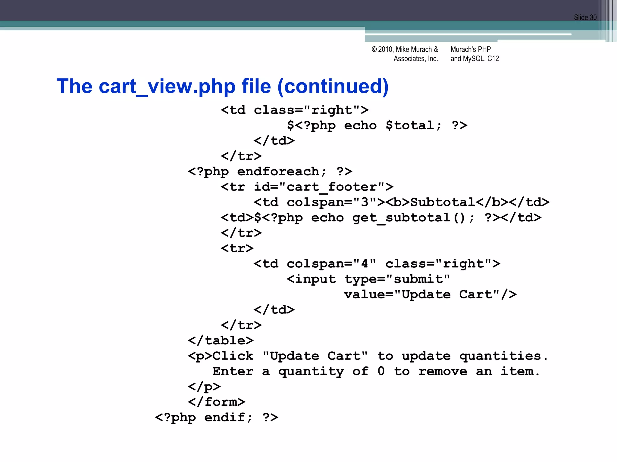 Murach's PHP
and MySQL, C12
© 2010, Mike Murach &
Associates, Inc.
Slide 30
The cart_view.php file (continued)
<td class="right">
$<?php echo $total; ?>
</td>
</tr>
<?php endforeach; ?>
<tr id="cart_footer">
<td colspan="3"><b>Subtotal</b></td>
<td>$<?php echo get_subtotal(); ?></td>
</tr>
<tr>
<td colspan="4" class="right">
<input type="submit"
value="Update Cart"/>
</td>
</tr>
</table>
<p>Click "Update Cart" to update quantities.
Enter a quantity of 0 to remove an item.
</p>
</form>
<?php endif; ?>
 