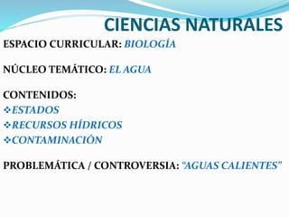 CIENCIAS NATURALES
ESPACIO CURRICULAR: BIOLOGÍA
NÚCLEO TEMÁTICO: EL AGUA
CONTENIDOS:
ESTADOS
RECURSOS HÍDRICOS
CONTAMINACIÓN
PROBLEMÁTICA / CONTROVERSIA: “AGUAS CALIENTES”
 