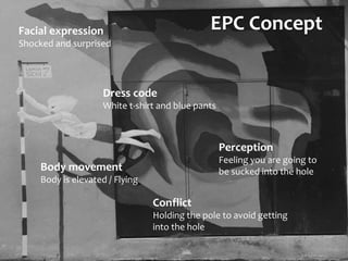 EPC Concept
Dress code
White t-shirt and blue pants
Body movement
Body is elevated / Flying
Perception
Feeling you are going to
be sucked into the hole
Conflict
Holding the pole to avoid getting
into the hole
Facial expression
Shocked and surprised
 