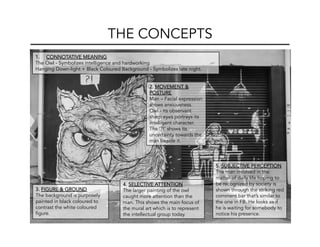 THE CONCEPTS
1.  CONNOTATIVE MEANING
The Owl - Symbolizes intelligence and hardworking
Hanging Down-light + Black Coloured Background - Symbolizes late night.
5. SUBJECTIVE PERCEPTION
The man involved in the
matter of daily life hoping to
be recognized by society is
shown through the striking red
comment bar that’s similar to
the one in FB. He looks as if
he is waiting for somebody to
notice his presence.
3. FIGURE & GROUND
The background is purposely
painted in black coloured to
contrast the white coloured
figure.
4. SELECTIVE ATTENTION
The larger painting of the owl
caught more attention than the
man. This shows the main focus of
the mural art which is to represent
the intellectual group today.
2. MOVEMENT &
POSTURE
Man – Facial expression
shows anxiousness.
Owl - Its observant
sharp eyes portrays its
intelligent character.
The ‘?!’ shows its
uncertainty towards the
man beside it.
 