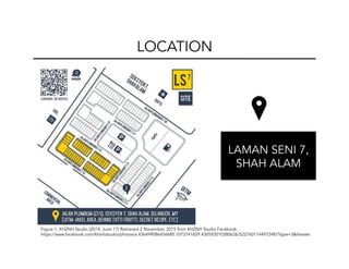 LAMAN SENI 7,
SHAH ALAM
LOCATION
Figure 1, KHZNH Studio (2014, June 17) Retrieved 2 November, 2015 from KHZNH Studio Facebook:
https://www.facebook.com/khznhstudio/photos/a.436499086456685.1073741829.430593010380626/522760114497248/?type=3&theater
 