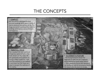 THE CONCEPTS
2. PERSONAL SPACE
Pipi created her own personal
imaginary space which is the
hole drawn on the road. All
the greatness and passion of
living is filled inside the hole
and she wished to just walked
in and start her life there as a
way to escape the sadness of
the reality.
1. CONFLICT
The	
  real	
  world	
  is	
  portrayed	
  by	
  dark	
  
concrete	
  buildings	
  which	
  gives	
  a	
  sense	
  of	
  
intense	
  pressure	
  and	
  dullness	
  of	
  life.	
  The	
  
imaginary	
  world	
  is	
  portrayed	
  by	
  colourful	
  
buildings	
  which	
  gives	
  a	
  sense	
  of	
  leisure	
  
and	
  happiness.	
  
3. MOVEMENT & POSTURE
i.	
  Pipi	
  facing	
  backward	
  shows	
  her	
  
eagerness	
  to	
  walk	
  into	
  her	
  imaginary	
  
world	
  leaving	
  the	
  harsh	
  reality	
  behind.	
  	
  
ii.	
  Pipi	
  hugging	
  her	
  bunny	
  doll	
  represents	
  
her	
  loneliness.	
  Lack	
  of	
  accompany	
  may	
  be	
  
the	
  reason	
  why	
  she	
  wants	
  to	
  escape.
 