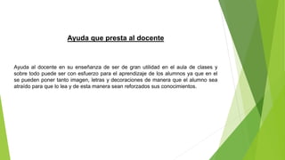 Ayuda que presta al docente
Ayuda al docente en su enseñanza de ser de gran utilidad en el aula de clases y
sobre todo puede ser con esfuerzo para el aprendizaje de los alumnos ya que en el
se pueden poner tanto imagen, letras y decoraciones de manera que el alumno sea
atraído para que lo lea y de esta manera sean reforzados sus conocimientos.
 