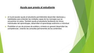 Ayuda que presta al estudiante
 el mural escolar ayuda al estudiante permitiéndole desarrollar destrezas y
habilidades para entender las múltiples capas de los mensajes que se
encuentran en estos. También ayuda al estudiante facilitando los ritmos
individuales del aprendizajes, desarrollan el aprendizaje autónomo e individual.
 Posibilitan el uso de proceso de análisis y síntesis en general desarrollan las
competencias creando las consultas permanentes de los contenidos.
 