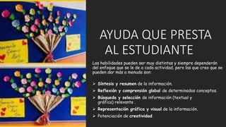 AYUDA QUE PRESTA
AL ESTUDIANTE
Las habilidades pueden ser muy distintas y siempre dependerán
del enfoque que se le de a cada actividad, pero las que creo que se
pueden dar más a menudo son:
 Síntesis y resumen de la información.
 Reflexión y comprensión global de determinados conceptos.
 Búsqueda y selección de información (textual y
gráfica) relevante .
 Representación gráfica y visual de la información.
 Potenciación de creatividad.
 