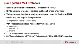 HUAWEI TECHNOLOGIES CO., LTD. Huawei Confidential 11
Cloud (web) & V2X Protocols
 It is not unusual to see HTTP(S) / Websockets for IOT
 IOT is not only low power devices but has all types of devices
 Video streams, intelligent stations with more powerful Device (ARM64
based etc) use regular web protocols
 Augmented Reality / Virtual reality
 V2X Protocols (Wireless Access for Vehicular Env):
 IEEE 802.11p:
 IEEE 1609.1-4
 SAE 2735
 V2V & V2X protocols: constantly evolving
 IIOT Protocols besides MQTT, CoAP, Websockets: OPC/UA, DDS, AMQP… evolving
 