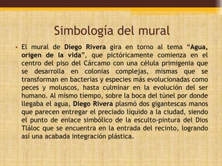 Simbología del mural 
• El mural de Diego Rivera gira en torno al tema “Agua, 
origen de la vida”, que pictóricamente comienza en el 
centro del piso del Cárcamo con una célula primigenia que 
se desarrolla en colonias complejas, mismas que se 
transforman en bacterias y especies más evolucionadas como 
peces y moluscos, hasta culminar en la evolución del ser 
humano. Al mismo tiempo, sobre la boca del túnel por donde 
llegaba el agua, Diego Rivera plasmó dos gigantescas manos 
que parecen entregar el preciado líquido a la ciudad, siendo 
el punto de enlace simbólico de la esculto-pintura del Dios 
Tláloc que se encuentra en la entrada del recinto, logrando 
así una acabada integración plástica. 
 
