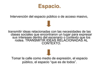 Intervención del espacio público o de acceso masivo,  transmitir ideas relacionadas con las necesidades de las clases sociales que encontraron un lugar para expresar sus intereses dentro del escenario o contexto que los rodea. TRANSMITIR IDEAS RELACIONADAS AL CONTEXTO. Tomar la calle como medio de expresión, el espacio público, el espacio “que es de todos”. Espacio. 