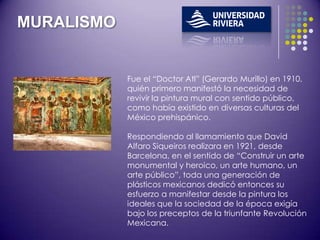 MURALISMO


            Fue el “Doctor Atl” (Gerardo Murillo) en 1910,
            quién primero manifestó la necesidad de
            revivir la pintura mural con sentido público,
            como había existido en diversas culturas del
            México prehispánico.

            Respondiendo al llamamiento que David
            Alfaro Siqueiros realizara en 1921, desde
            Barcelona, en el sentido de “Construir un arte
            monumental y heroico, un arte humano, un
            arte público”, toda una generación de
            plásticos mexicanos dedicó entonces su
            esfuerzo a manifestar desde la pintura los
            ideales que la sociedad de la época exigía
            bajo los preceptos de la triunfante Revolución
            Mexicana.
 