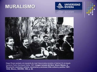 MURALISMO




Diego Rivera sentado a la izquierda de José Vasconcelos durante un festival. En el ángulo
izquierdo Pedro Henríquez Ureña, 1921. Imagen tomada del libro: Álvaro Matute, la
Revolución mexicana: actores, escenarios y acciones (Vida cultural y política 1901-
1929), México, INEHRM, 1993, p. 90.
 