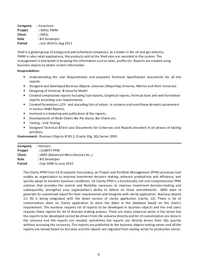 Resume business objects developer