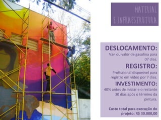 DESLOCAMENTO:	
  
Van	
  ou	
  valor	
  de	
  gasolina	
  para	
  	
  
07	
  dias.	
  
REGISTRO:	
  	
  
Proﬁssional	
  disponível	
  para	
  
registro	
  em	
  vídeo	
  por	
  7	
  dias.	
  
INVESTIMENTO:	
  
40%	
  antes	
  de	
  iniciar	
  e	
  o	
  restante	
  
30	
  dias	
  após	
  o	
  término	
  da	
  
pintura.	
  
	
  
Custo	
  total	
  para	
  execução	
  do	
  
projeto:	
  R$	
  30.000,00	
  
material
e infraestrutura	
  
 