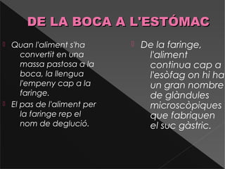 DE LA BOCA A L'ESTÓMACDE LA BOCA A L'ESTÓMAC
 Quan l'aliment s'ha
convertit en una
massa pastosa a la
boca, la llengua
l'empeny cap a la
faringe.
 El pas de l'aliment per
la faringe rep el
nom de deglució.
 De la faringe,
l'aliment
continua cap a
l'esòfag on hi ha
un gran nombre
de glàndules
microscòpiques
que fabriquen
el suc gàstric.
 