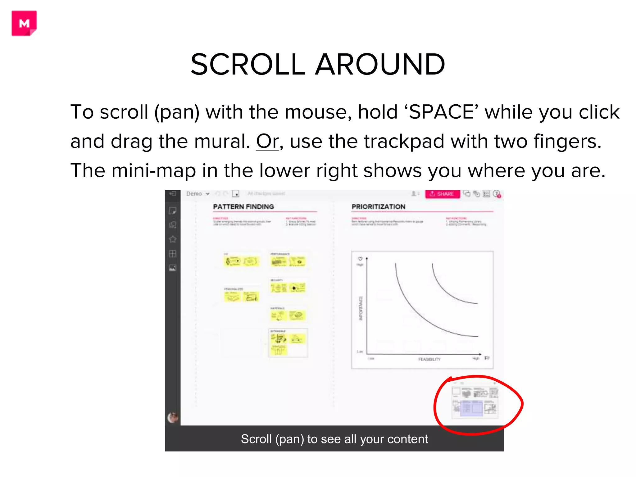 To scroll (pan) with the mouse, hold ‘SPACE’ while you click
and drag the mural. Or, use the trackpad with two fingers.
The mini-map in the lower right shows you where you are.
Scroll (pan) to see all your content
SCROLL AROUND
 