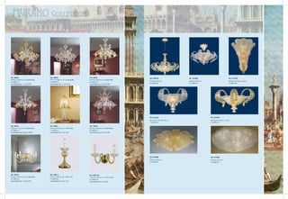 MURANO collection




Art. 300/8                          Art. 300/6                          Art. 302/6                          Art. 320/78                Art. 314/60                              Art. 317/A5
Ø 88 cm H 98 cm (in. 34,65x38,58)   Ø 70 cm H 86 cm (in. 27,56x33,86)   Ø 82 cm H 86 cm (in. 32,28x33,86)
                                                                                                            Ø 78 cm H 66 cm            Ø 60 cm H 40 cm                          Sp 38 cm H 88 cm L 58 cm
8 x 60W E14                         6 x 60W E14                         6 x 60W E14
                                                                                                            6 x 60W E27                3 x 75W E27                              5 x 60W E27
Peso/Weight Kg. 11 (Lb 24,25)       Peso/Weight Kg. 11 (Lb 24,25)       Peso/Weight Kg. 10 (Lb 22,05)




                                                                                                            Art. 314/A1                                  Art. 314/A2
                                                                                                            Sp 20 cm H 30 cm L 26 cm                     Sp 30 cm H 30 cm L 44 cm
                                                                                                            1 x 60W E14                                  2 x 60W E14

Art. 304/5                          Art. 304/L                          Art. 301/6
Ø 83 cm H 72 cm (in. 32,28x33,86)   Ø 18 cm H 32 cm (in. 7,09x12,60)    Ø 82 cm H 86 cm (in. 32,28x33,86)
6 x 60W E14                         1 x 60W E14                         6 x 60W E14
Peso/Weight Kg. 9,00 (Lb 19,84)     Peso/Weight Kg. 2 (Lb 4,40)         Peso/Weight Kg. 12 (Lb 26,46)




                                                                                                            Art. 316/80                                  Art. 315/95
                                                                                                            Ø 80 cm H 28 cm                              Ø 95 cm H 34 cm
                                                                                                            5 x 60W E27                                  8 x 60W E27




Art. 345/8                          Art. 345/ L                         Art. 345/ A2
Ø 70 cm H 80 cm (in. 27,56x33,86)   Ø 14 cm H 30 cm (in. 5,50x11,79)    L 35 cm H 28 cm (in. 13,75x11,00)
8 x 40W E14                         1 x 40W E14                         2 x 40W E14
Peso/Weight Kg. 11 (Lb 24,25)       Peso/Weight Kg. 2 (Lb 4,41)         Peso/Weight Kg. 3 (Lb 6,62)
 