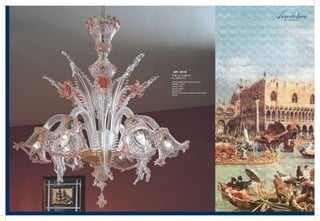 ART. 301/6
Ø 82 cm H 86 cm
6 x 60W E14
Finiture/Finishes/Finitions/протяжении
Cristallo / Rosa
Crystal / Pink
Cristal / Rose
Хрусталь/Роза
Люстра из стекла Мурано, 6 рожковая, розовая отделка
хрусталя
 