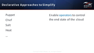 Puppet	
  	
  
Chef	
  	
  
Salt	
  	
  
Heat
...
Copyright ©2015 Mirantis, Inc. All rights reserved
Declarative	
  Approaches	
  to Simplify
Enable	
  operators to	
  control	
  	
  
the	
  end	
  state	
  of	
  the cloud
 