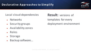 Declarative	
  Approaches	
  to Simplify
Copyright ©2015 Mirantis, Inc. All rights reserved
Local	
  cloud dependencies
● Networks
● Security groups
● Availability zones
● Roles
● Storage
● Backup software...
Result:	
  versions	
  of	
  	
  
templates	
  for	
  every	
  	
  
deployment environment
 