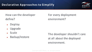 How	
  can	
  the	
  developer	
  	
  
define?
● Deploy
● Upgrade
● Scale
● Backup/restore
Copyright ©2015 Mirantis, Inc. All rights reserved
For	
  every	
  deployment	
  	
  
environment?
The	
  developer	
  shouldn’t	
  care	
  	
  
at	
  all	
  about	
  the	
  deployed	
  	
  
environment.
Declarative	
  Approaches	
  to Simplify
 