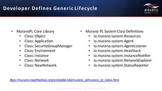 Developer	
  Defines	
  Generic Lifecycle
https://murano.readthedocs.org/en/stable-­kilo/murano_pl/murano_pl_index.html
Copyright ©2015 Mirantis, Inc. All rights reserved
• MuranoPL	
  Core	
  Library
• Class:	
  Object
• Class:	
  Application
• Class:	
  SecurityGroupManager
• Class:	
  Environment
• Class:	
  Instance
• Class:	
  Network
• Class:	
  NewNetwork
• Murano PL	
  System	
  Class	
  Definitions
• io.murano.system.Resources
• io.murano.system.Agent
• io.murano.system.AgentListener
• io.murano.system.HeatStack
• io.murano.system.InstanceNotifier
• io.murano.system.NetworkExplorer
• io.murano.system.StatusReporter
 