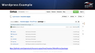 Wordpress Example
Copyright ©2015 Mirantis, Inc. All rights reserved
https://github.com/openstack/murano-­‐apps/tree/master/WordPress/package
 