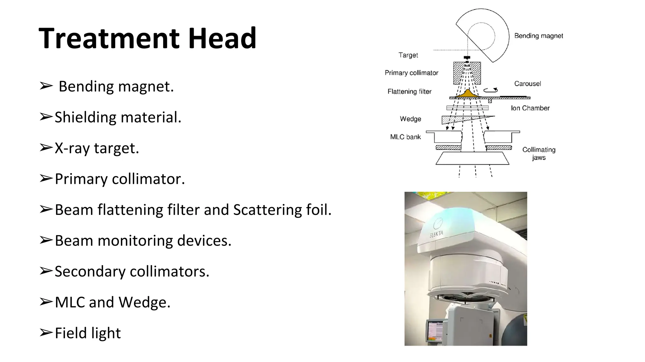 Treatment Head
➢ Bending magnet.
➢Shielding material.
➢X-ray target.
➢Primary collimator.
➢Beam flattening filter and Scattering foil.
➢Beam monitoring devices.
➢Secondary collimators.
➢MLC and Wedge.
➢Field light
 