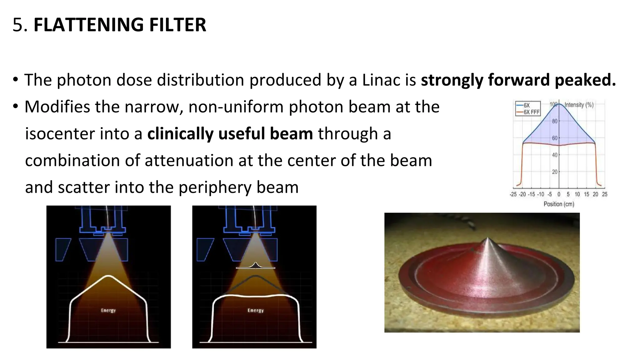 5. FLATTENING FILTER
• The photon dose distribution produced by a Linac is strongly forward peaked.
• Modifies the narrow, non-uniform photon beam at the
isocenter into a clinically useful beam through a
combination of attenuation at the center of the beam
and scatter into the periphery beam
 