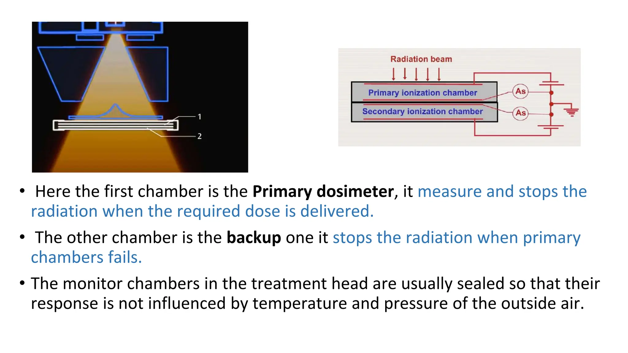 • Here the first chamber is the Primary dosimeter, it measure and stops the
radiation when the required dose is delivered.
• The other chamber is the backup one it stops the radiation when primary
chambers fails.
• The monitor chambers in the treatment head are usually sealed so that their
response is not influenced by temperature and pressure of the outside air.
 
