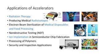 Applications of Accelerators
• Radiation Therapy
• Producing Medical Radioisotopes
• Electron Beam Sterilization of Medical Disposables
and Food Processing
• Nondestructive Testing (NDT)
• Ion Implantation in Semiconductor Chip Fabrication
• Processing of Polymers
• Security and Inspection Applications
 