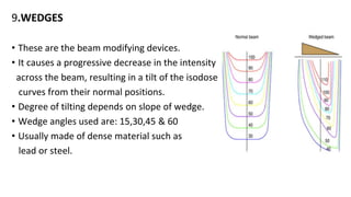 9.WEDGES
• These are the beam modifying devices.
• It causes a progressive decrease in the intensity
across the beam, resulting in a tilt of the isodose
curves from their normal positions.
• Degree of tilting depends on slope of wedge.
• Wedge angles used are: 15,30,45 & 60
• Usually made of dense material such as
lead or steel.
 