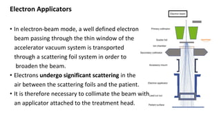 Electron Applicators
• In electron-beam mode, a well defined electron
beam passing through the thin window of the
accelerator vacuum system is transported
through a scattering foil system in order to
broaden the beam.
• Electrons undergo significant scattering in the
air between the scattering foils and the patient.
• It is therefore necessary to collimate the beam with
an applicator attached to the treatment head.
 