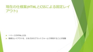 現在の仕様案(HTMLとCSSによる固定レイ 
アウト) 
 一ページがHTMLとCSS 
 複雑なレイアウトを、さまざまのプラットフォームで再現することが困難 
 