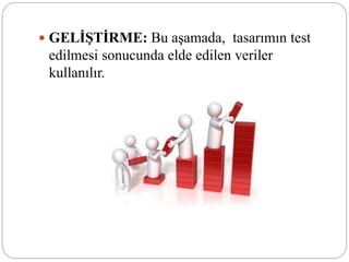  GELİŞTİRME: Bu aşamada, tasarımın test
edilmesi sonucunda elde edilen veriler
kullanılır.
 