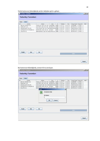 18
Yenile butonuna tıklandığında veriler tablodan grid e geliyor.

Bul butonuna tıklandığında, aranan ID no soruluyor.

 